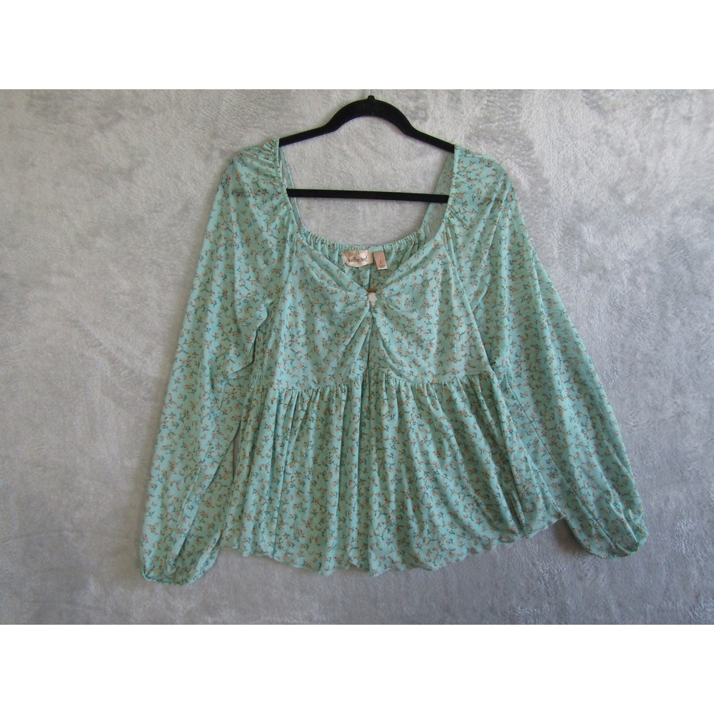 Willow Root Blue Floral Square Neck‎ Babydoll Blouse Top Size L
